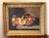 Victorian Oil On Canvas Fruit In Basket Still Life In Gold Gilt Frame