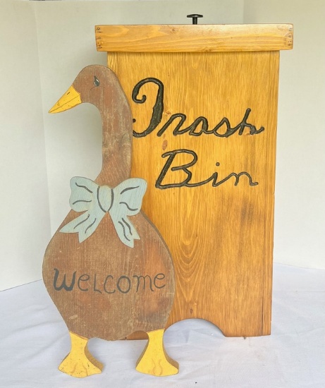 Wooden Trash Can Holder and Duck Plaque