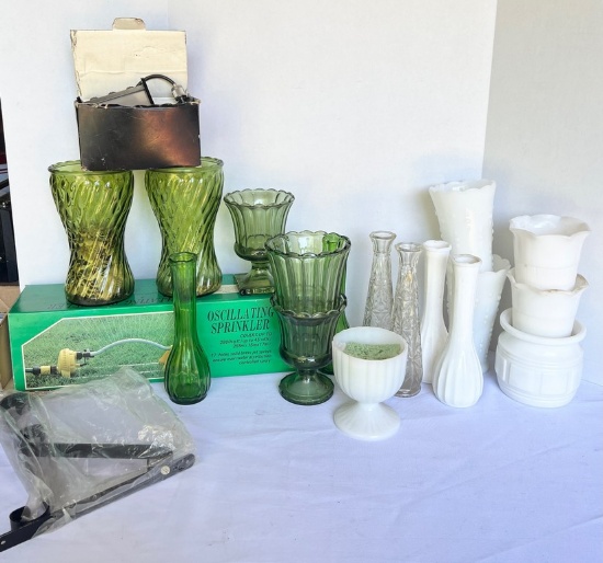 Lot of Vases, Oscillating Sprinkler, Iron Plant Hanger