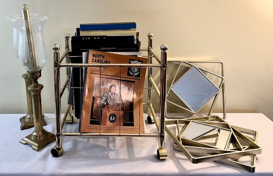 Brass Magazine Holder and Two Globed Candleholders