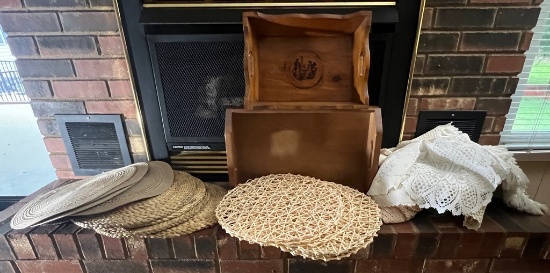 Assortment of Round Placemats, Two Wooden Trays and Assorted Linens
