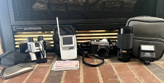 Camera Pentax Camera, Mountain Opik Binoculars, CPC Zoom Lens, Casio Ti-STN Hand-Held Battery Televi