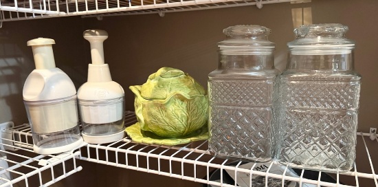 Ceramic Cabbage and 2 Pressed Glass Apothecary Jars with Lids
