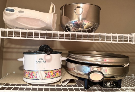 Rival Crockpot, Hamilton Beach Hand Mixer, Stainless Mixing Bowls and Farberware Electric Fry Pan