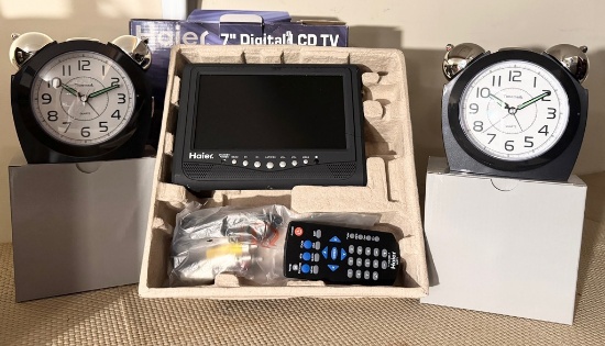 Two NEW Clocks and NEW Haier Seven-Inch Digital LCD TV