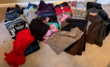 Two Totes of Ladies Pants, Pajamas, Gloves, Scarves and a Box of Sweaters