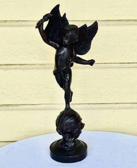 Victorian Bronze Winged Cherub Holding Torch