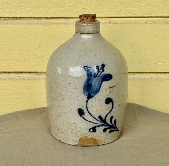 Antique Salt Glaze Gallon Jug with Cobalt Flower Decoration