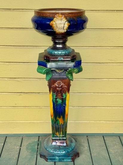 Art Nouveau Large Porcelain Majolica Jardinière with Pedestal