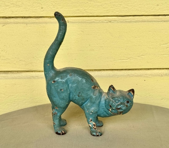 Antique Hubley Cast Cat Doorstop in Blue Paint