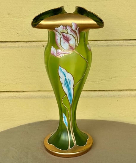 Mont Joye French Painted Enameled Art Glass Vase