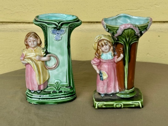Pair of Majolica Figural Vases