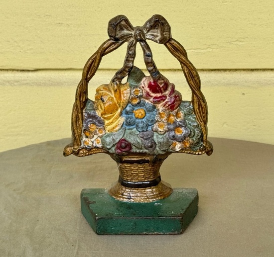 Antique Cast Iron Fower Basket Door Stop in Original Paint
