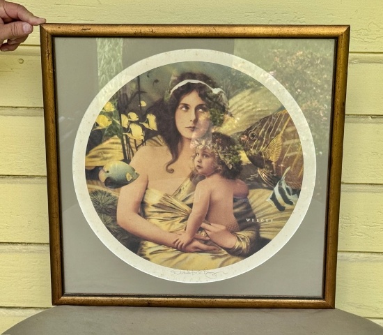 Art Nouveau Color Print Of Woman & Child In a Gold Frame