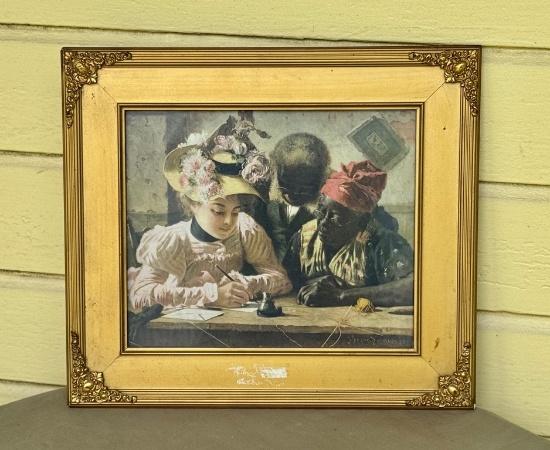 Antique Gold Framed Victorian Print Of Woman Teaching How To Write Letter