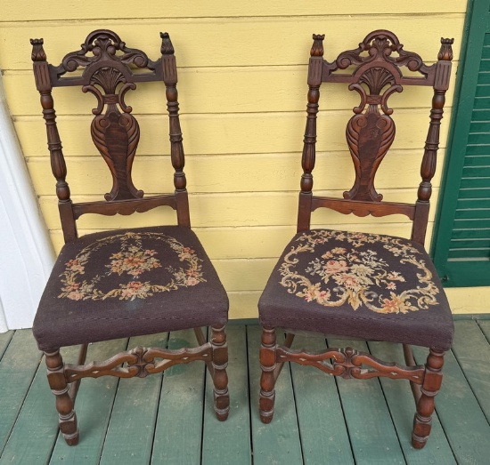 Pair Of Walnut Victorian Carved Wooden Side Chairs