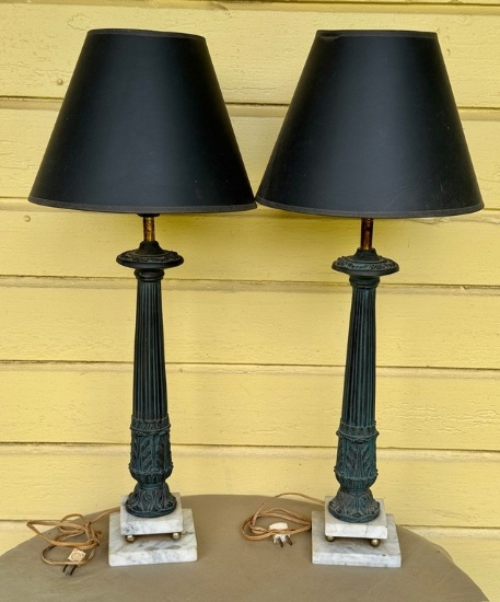 Pair Of Vintage Romanesque Metal Columned Table Lamps With Alabaster bases