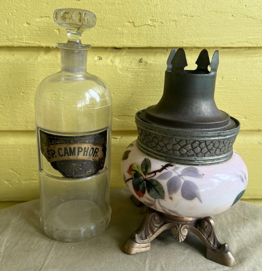 Antique Glass Bottom Lamp Base and Apothecary Bottle Dated 1891