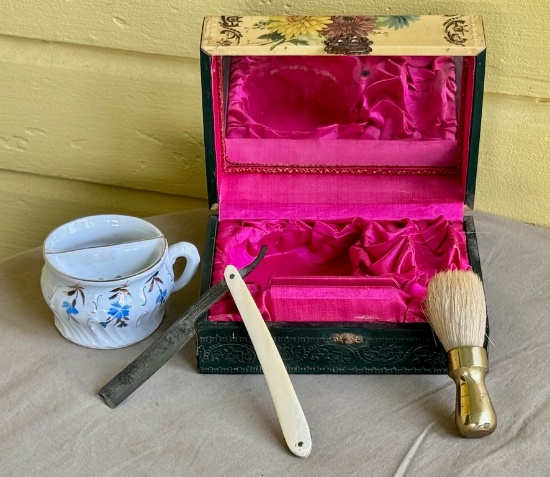 Absolutely Fabulous Victorian Pictorial Celluloid Dresser Box With Shaving Set