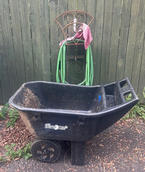 Garden Wheeled Cart, Blue Glazed Pot, and Garden Hose, Hose Holder