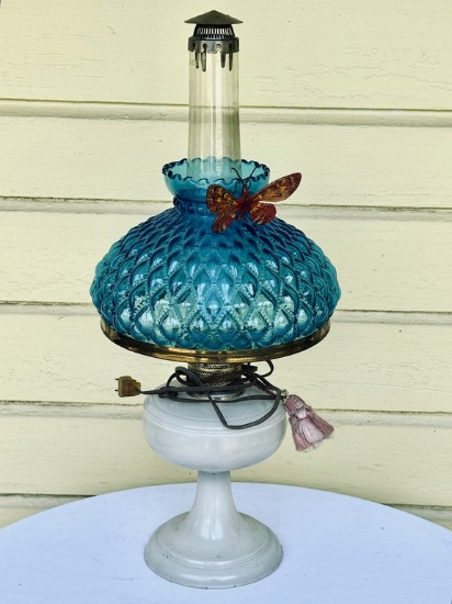 Victorian Electrified Oil Lamp with Blue Shade