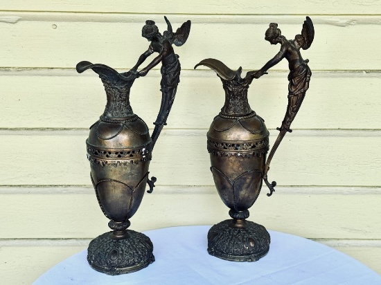 Pair of Victorian Bronze Spelter Woman Figural Fairy Handled Ewers