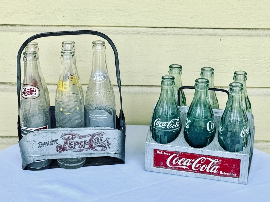 Original Metal Pepsi and Coke Carriers and Bottles