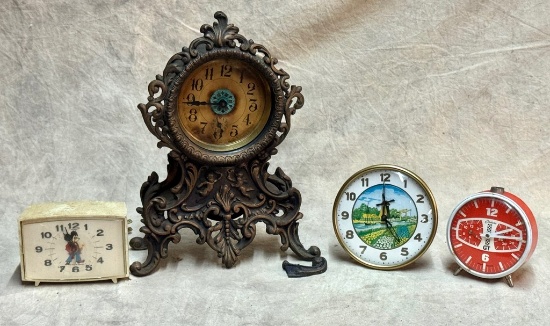 Vintage Endura GT, Mickey Mouse, Dutch Windmill Alarm clocks & Antique Clock