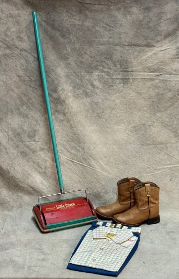 Vintage Kids Little Queen Vacuum, New Old Stock Boyland Outfit, and Cody James Cowboy Boots