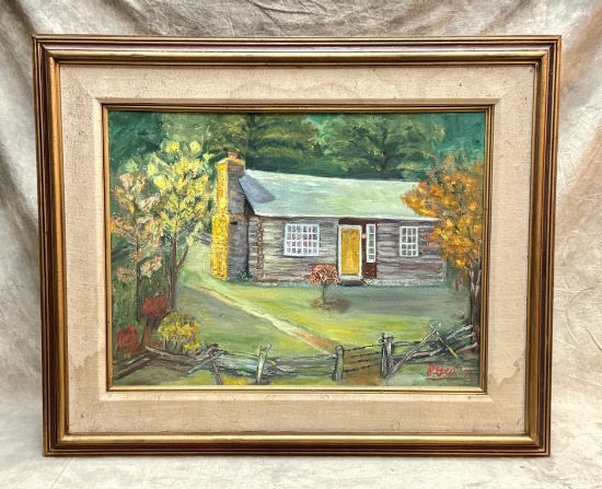 Vintage Country Log Cabin Oil Painting On Canvas | Online Auctions ...