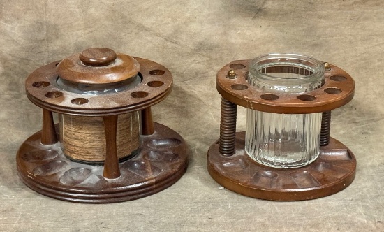 Two Wooden Pipe Holders with Center Tobacco Canister
