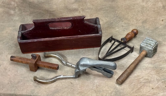 Stanley Marking Gauge, Fisher Beaker Tongs, Letter Holder, Meat Tenderizer