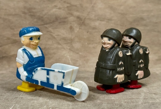 Vintage Marx Hap-Hop Ramp Walker and Ramp Walker Farmer with Wheel Barrow