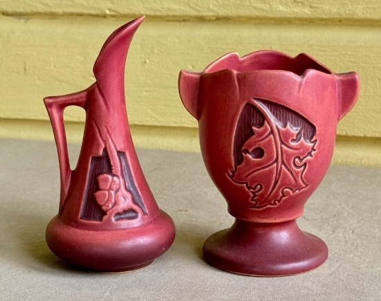 Two Red Silhouette Roseville Pottery Pieces