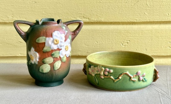 Roseville Green Apple Blossom Bowl And White Rose Double Handled Vase