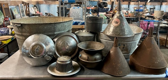 Galvanized Tubs, Hub Caps, Spittoon, and more