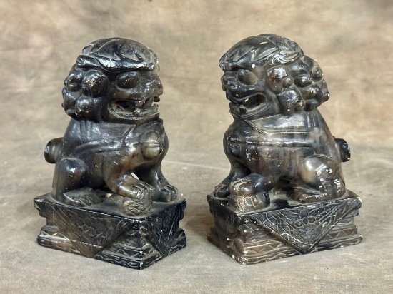 Pair Of Alabaster Carved Antique Oriental Foo Dogs