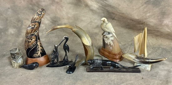 Tray Lot Of Vintage Carved Horn Animals & Ship