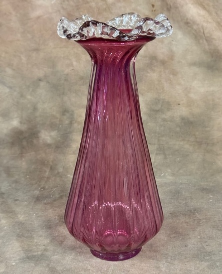 Cranberry Glass Vase With White Ruffled Edge Top