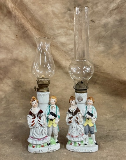 Pair Of Two Porcelain Base Figural Small Oil Lamps With Chimneys