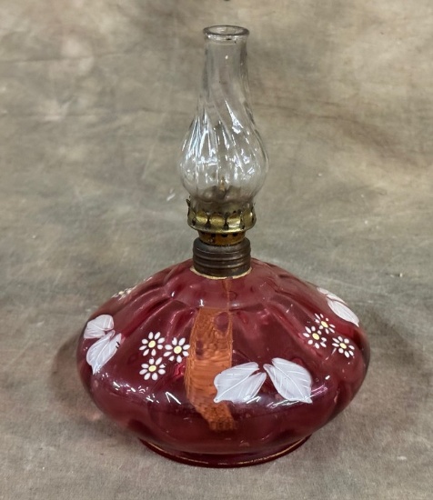 Lovely Hand Painted Cranberry Glass Miniature Oil Lamp