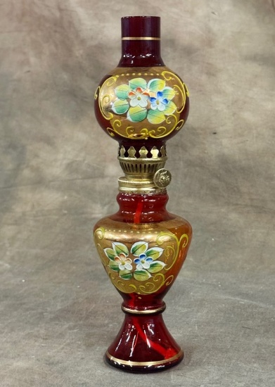 Hand Painted Floral Ruby Glass Miniature Oil Lamp