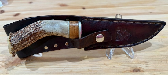 K. Laws (Ka-Bar) Stag Handle Hunting Knife In Leather Sheath