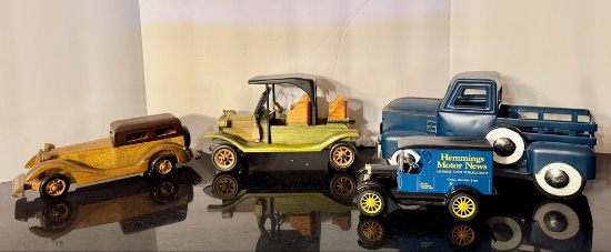 Lot of Four Wood and Metal Trucks and Cars