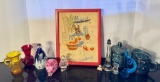 Lot of Colored Glass, Figurines and Needlepoint