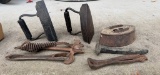 Three Cast Iron Irons and Four Woodstove Handles and One Railroad Spike