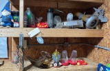 Shelf Lot of Bird Feeders and Art Glass