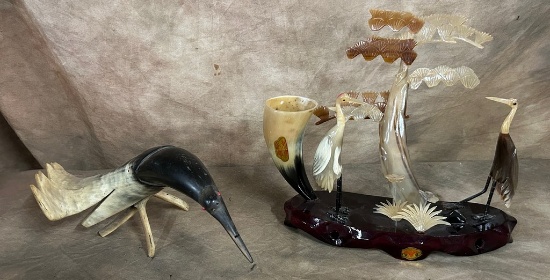 Hand-Carved Avian Figurines from Horn and a Hand-Carved Bird from Horn