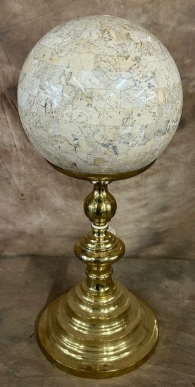 Maitland-Smith MCM Tessellated Travertine Stone Sphere Sculpture on Brass Stand