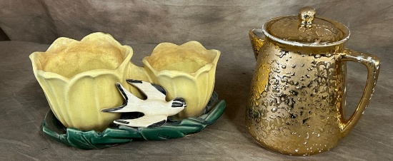 McCoy Swallow Double Tulip Planter and McCoy Pitcher with 24K Finish
